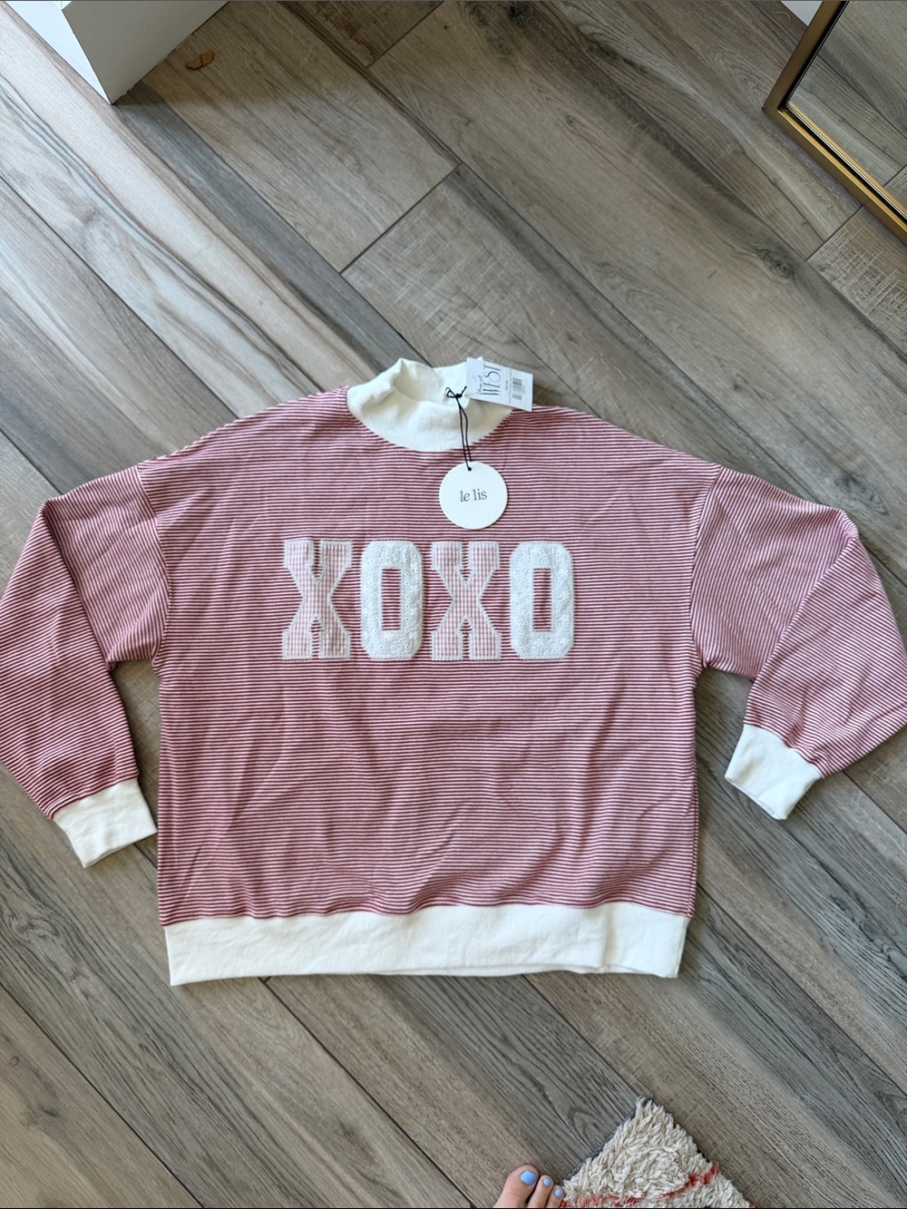 Le Lis Pink Striped XOXO Crewneck Sweater with White Trim